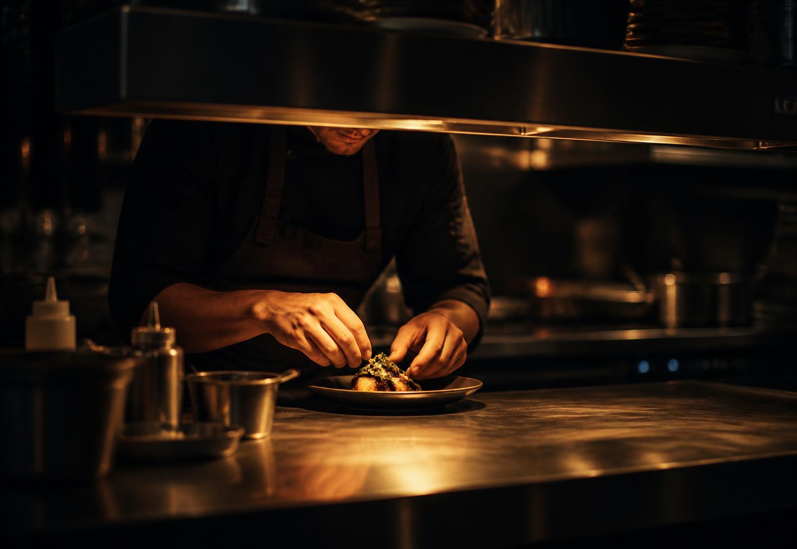 Cuisine de restaurant professionnelle au pass, ambiance nocturne